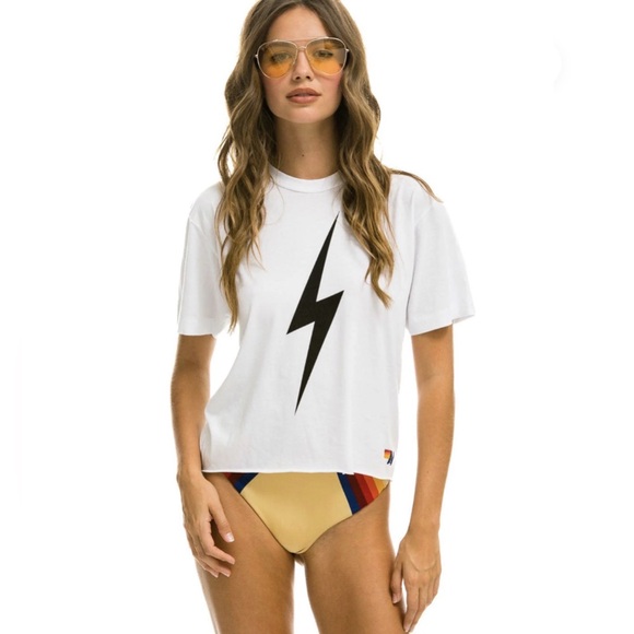 Aviator Nation White Short Sleeve Tee with Black Lightning Bolt - Picture 2 of 6